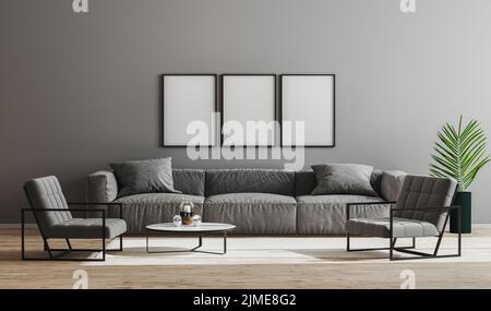 Leere schwarze Rahmen im modernen minimalistischen Wohnzimmer mit grauem Sofa, Sesseln und Couchtisch, Wohnzimmer im Stockfoto