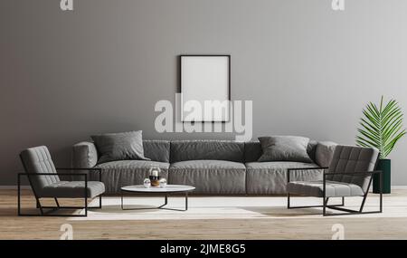 Leere schwarze Rahmen im modernen minimalistischen Wohnzimmer mit grauem Sofa, Sesseln und Couchtisch, Wohnzimmer im Stockfoto