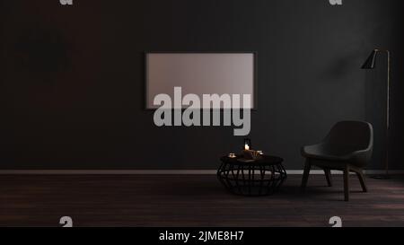 Horizontale Blank-Rahmen im luxuriösen dunklen Wohnzimmer Innenhintergrund mit grauen Sessel in Nachtlicht, Luxus-Leben nachahmen Stockfoto