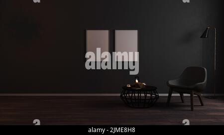 Leere Rahmen imitierten sich im luxuriösen dunklen Wohnzimmer im Hintergrund mit grauem Sessel in Nachtlicht, Luxus Wohnzimmer Interi Stockfoto