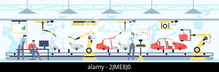 Automobilindustrie. Intelligente Fertigung von Fahrzeugen in der Fabrik mit Kfz-Werkstätten und Ingenieuren. Automontage auf der Förderlinie, Industriegeschäft kürzlich Stock Vektor