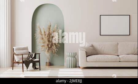 Leerer Bilderrahmen an beigefarbener Wand im Wohnzimmer mit modernen Möbeln und dekorativem grünen Bogen mit angesagtem Trockenfluss Stockfoto