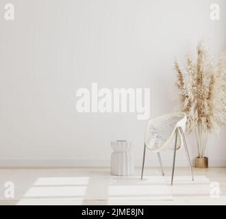 Leeres Zimmer mit Stuhl, Pampagras, Teppich und leerer weißer Wand, moderner Wohnzimmerinnenhintergrund, Wohnzimmerinnenraum Mo Stockfoto