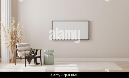 Leerer Bilderrahmen an der Wand im minimalistischen modernen Wohnzimmer-Innenhintergrund, Wohnzimmer-Modell im skandinavischen Stil, 3D Stockfoto