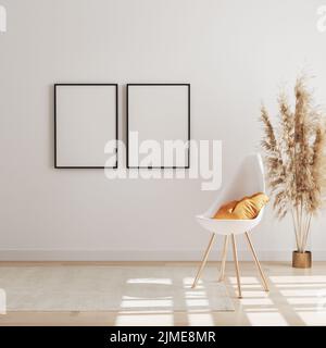Blank vertikalen Rahmen Mock up in modernen Innenraum Hintergrund mit Stuhl und Pampas Gras, Luxus Wohnzimmer Innenraum Hintergrund, Stockfoto