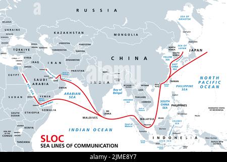 Politische Landkarte der Indo-Pazifischen Energiezentren. Geopolitisch kritische Sea Lines of Communication. Primäre Seeverkehrsrouten zwischen Häfen. Lieferkette. Stockfoto