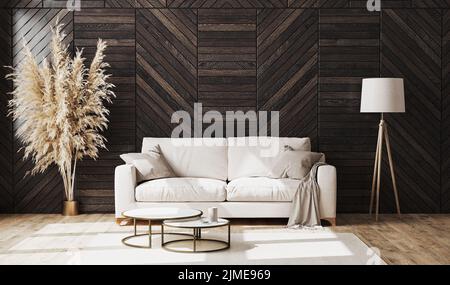 Moderne luxuriöse Wohnzimmereinrichtung mit beigefarbenem Sofa und dekorativer Holzwandplatte mit Parkettboden, Stehlampe, Wohnzimmer im Stockfoto