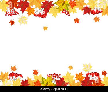 Herbstlaub Grenze. Rote, gelbe und orangefarbene Herbstblätter mit Kopierfläche. Herbstliches Laubwerk für Text. Editierbare Vektordarstellung. Stock Vektor