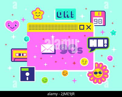 Flacher 90s-Hintergrund. Retro Internet Computer Fenster mit Lächeln Aufkleber. 1980 digitales Nostalgie-Poster. Web System 80s, Pixel Elements Tidy Vektor Stock Vektor