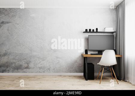 Arbeitsplatz mit PC auf Holztisch mit weißem modernen Stuhl, graue leere Wand mit Holzboden, Arbeit von zu Hause Konzept, 3D renderi Stockfoto