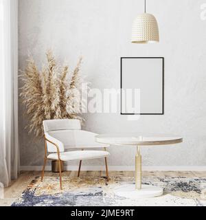 Modell mit leerem Posterrahmen in hellem Raum mit luxuriösem runden Esstisch, weißem Stuhl, modernem Designteppich, skandinavischem Stil, 3D Stockfoto
