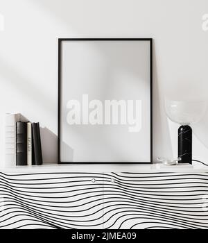Mockup Posterrahmen in weißem hellen modernen Interieur mit weißen Wänden und stilvoller Dekoration, skandinavischer minimalistischer Stil, 3D RE Stockfoto