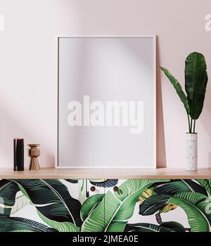 Mockup Posterrahmen im hellen tropischen Stil mit pinker Wand, 3D Rendering Stockfoto