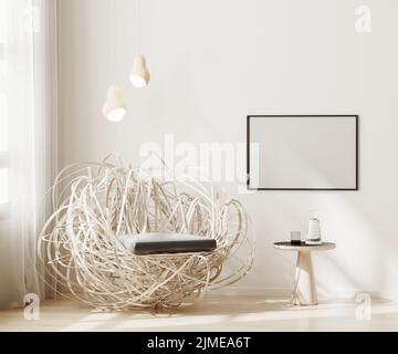 Blank horizontaler Rahmen Mock up an der Wand in modernen Wohnzimmer Innenhintergrund in hellen Beige-Tönen, 3D Rendering Stockfoto