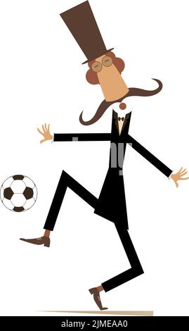 Schnurrbart Mann in der Hut Fußball spielen. Cartoon langen Schnurrbart Gentleman in der Hut Fußball spielen. Isoliert auf weißem Hintergrund Stock Vektor