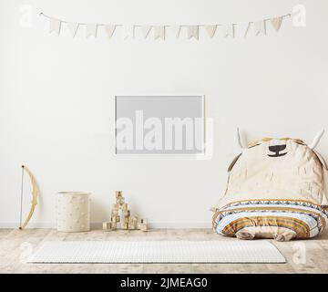 Horizontaler Rahmen Nachbildung in Kinderspielzimmer Innenhintergrund im indischen Landhausstil mit Spielzeug, 3D Rendering Stockfoto