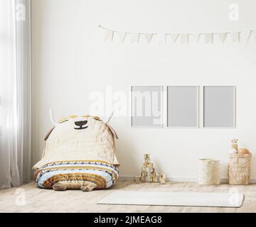 Blanker Posterrahmen im Kinder-Spielzimmer-Innenhintergrund, skandinavischer Stil, 3D Rendering Stockfoto