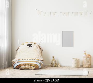 Blanker Posterrahmen im Kinder-Spielzimmer-Innenhintergrund, skandinavischer Stil, 3D Rendering Stockfoto