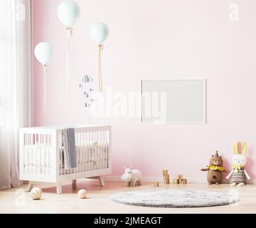 Blanker horizontaler Rahmen auf rosa Wand im Kinderzimmer Innenhintergrund mit Baby-Bettwäsche, weichen Spielzeug, Luftballons, 3D rende Stockfoto