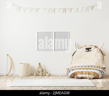 Blanker Posterrahmen im Kinder-Spielzimmer-Innenhintergrund, skandinavischer Stil, 3D Rendering Stockfoto