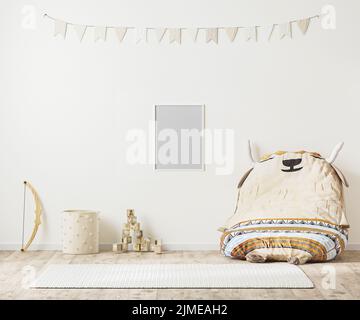 Blanker Posterrahmen im Kinder-Spielzimmer-Innenhintergrund, skandinavischer Stil, 3D Rendering Stockfoto