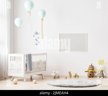 Leere horizontale Rahmen Mock up auf weißer Wand im Kinderzimmer Innenraum Hintergrund mit Baby-Bettwäsche, weiche Spielzeug, Luftballons, 3D Rend Stockfoto