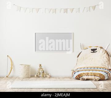 Horizontaler Rahmen Nachbildung in Kinderspielzimmer Innenhintergrund im indischen Landhausstil mit Spielzeug, 3D Rendering Stockfoto