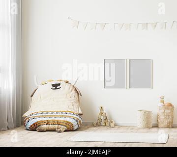 Blanker Posterrahmen im Kinder-Spielzimmer-Innenhintergrund, skandinavischer Stil, 3D Rendering Stockfoto