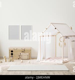 Posterrahmen im indischen Stil Kinderzimmer mit Zelt, Kinder Kommode und Spielzeug, 3D Rendering Stockfoto