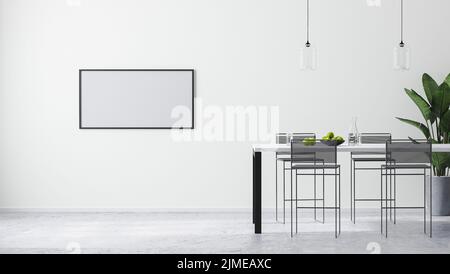 Horizontaler Rahmen in moderner, heller weißer Zimmereinrichtung mit modernem Bartisch und Barhockern, skandinavisch minimalistisch Stockfoto
