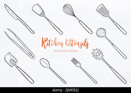 Küchengeräte Set Kollektion mit handgezeichneten Skizze Vektor Illustration Stockfoto