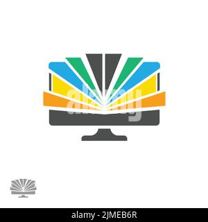 Ein Computermonitorsymbol mit regenbogenfarbenen Strahlen, die auf einem weißen Hintergrund isoliert sind Stock Vektor