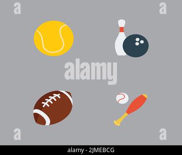 Ein Tennisball, Bowlingstift und -Ball, Rugby-Ball und ein Tischtennisschläger mit einem Ball Stock Vektor