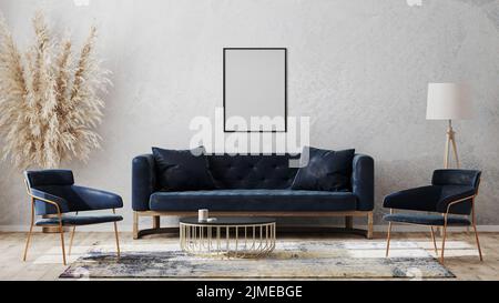 Leerer Posterrahmen auf grauem Wandmockup in modernem Luxus-Interior-Design mit dunkelblauem Sofa, Sesseln am Couchtisch, schickes r Stockfoto