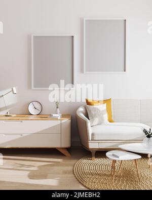 Zwei leere Posterrahmen im modernen Wohnzimmerinnenhintergrund. Mockup, Wohnzimmer mit weißer Wand und modernem minimalistischem Design Stockfoto