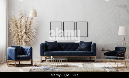 Drei leere Posterrahmen auf grauem Wandmockup in moderner Luxus-Innenarchitektur mit dunkelblauem Sofa, Sesseln neben Couchtisch, Stockfoto