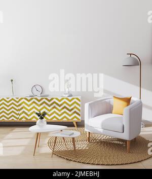 Stilvolles skandinavisches Wohnzimmer Interieur der modernen Wohnung mit weißem Sessel und gelbem Kissen, Design-Couchtisch und Kabine Stockfoto