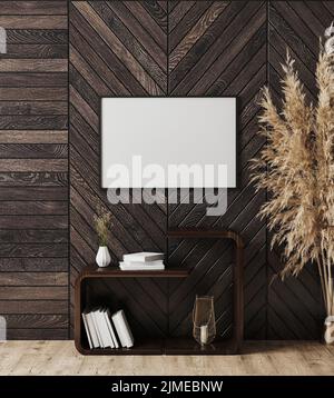 Blank horizontaler schwarzer Rahmen auf dunkler Holzwand mit Regalen mit Dekoration und Büchern auf, Pampas Gras, 3d-Rendering Stockfoto