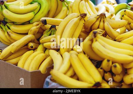 Bananen in Kartons, die im Supermarkt verkauft werden Stockfoto