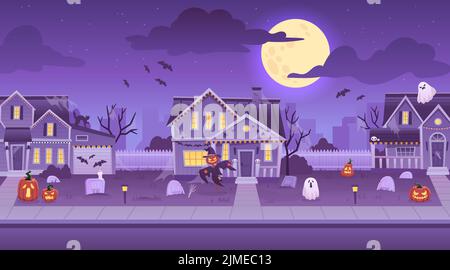Halloween Straßenhäuser. Dekoriert Spukhaus Hintergrund, Horror Karneval Stadt gruselig Kürbis Gebäude Dekoration oder Vogelscheuche auf Veranda, geniale Vektor-Illustration des Hauses halloween Straße Stock Vektor