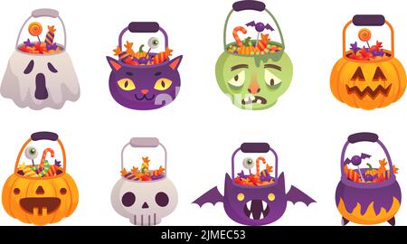 Halloween Eimer. Süßigkeiten in Kürbis Korb, Trick oder Behandlung Tasche für die Feier leckere Süßigkeiten Jack o Laterne Eimer Cartoon böse Kürbisse Behälter geniale Vektor-Illustration von Korb halloween Stock Vektor