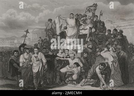 Gaius Julius Caesar (100 v. Chr. - 44 v. Chr.). Römischer Politiker, General und Schriftsteller. 60 v. Chr. gründete er ein Triumvirat mit Pompey und Crassus. Eroberte Gallien. Das Oberhaupt des Imperium ist ein Diktator für immer (Diktator Perpetuus). Beerdigung von Julius Caesar. Stich von A. Roca. „Historia Universal“, von César Cantú. Band II, 1854. Autor: Antonio Roca Sallent (1813-1864). Spanischer Gravierer. Stockfoto