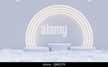 Ein 3D Rendering-Bild der Produktanzeige auf weißem Fell, das weiße Wände als Hintergrund hat Stockfoto