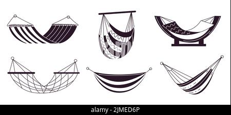 Schwarze Hängemattensymbole. Verschiedene Arten entspannen hängende Sofas, monochrome Silhouette Objekte, Komfort Camping schwarzen Accessoires, Tourismus und Urlaub Stock Vektor