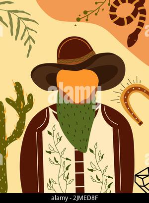 Wild West Poster mit einem Sheriff Charakter in Cowboy Hut, Schlange, Kaktus. Weiter Old West im flachen Stil. Vektorgrafik. Stock Vektor