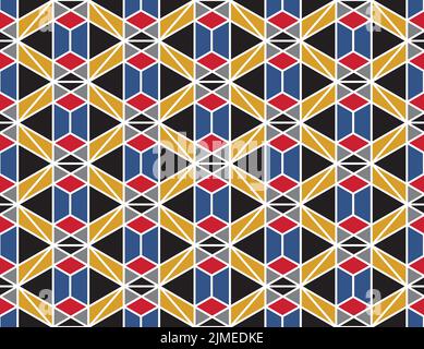 Farbenfrohes, sich wiederholendes Hexagon-Muster in weißer Umrandung mit einer Mischung aus geometrischen Formen wie Diamanten und Dreiecken in kräftiger schwarzer, goldener und roter Füllung Stock Vektor