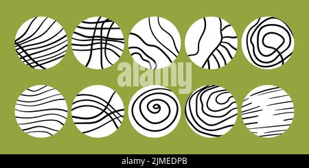 Trendiges Social Media Round Cover Design, Social Network Stories und Post, mobile Apps, Design. Vorlagen-Symbole mit geometrischen Doodle-Elementen. Satz von Stock Vektor