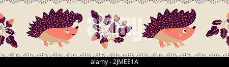 Niedliche Vektor Stachel, stachelig, Igel, Eichel und Eiche Blätter Rand. Nahtloses Banner mit Cartoon-Kawaii-Igeln und Herbstlaub. Naturwald Stock Vektor