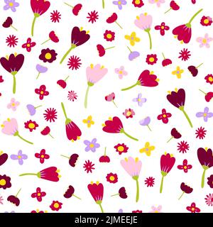 Nahtlose Cartoon abstrakte Blumen Muster. Farbblüte auf weißem Hintergrund. Handgezeichnete Pflanzen, Blütenblätter. Stilisierte Pfingstrosen, Rosen, Tulpen, Kamille. So Stock Vektor