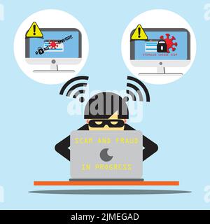 Betrugswarnung. Hacker-Angriff und Web-Sicherheit Vektor-Konzept, Phishing-Betrug. Netzwerk- und Internetsicherheit. Vektorgrafik. Stock Vektor